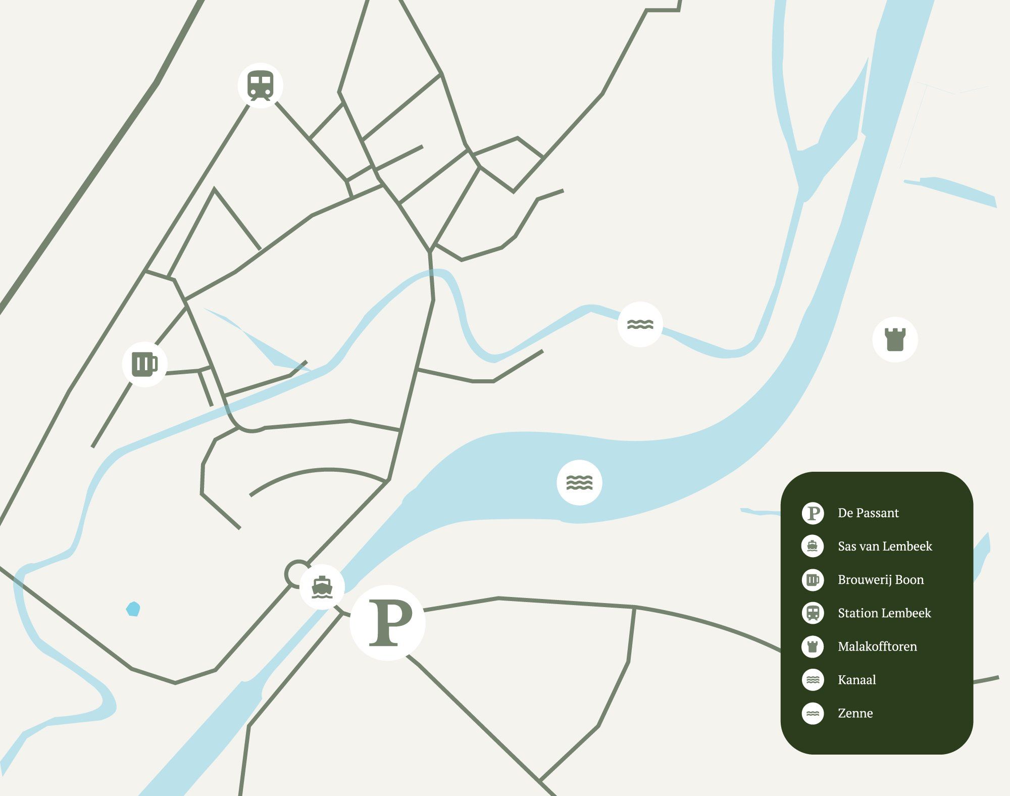Plattegrond van Lembeek met De Passant aan het kanaal, het Sas van Lembeek, Brouwerij Boon, het station, de Malakofftoren en de Zenne